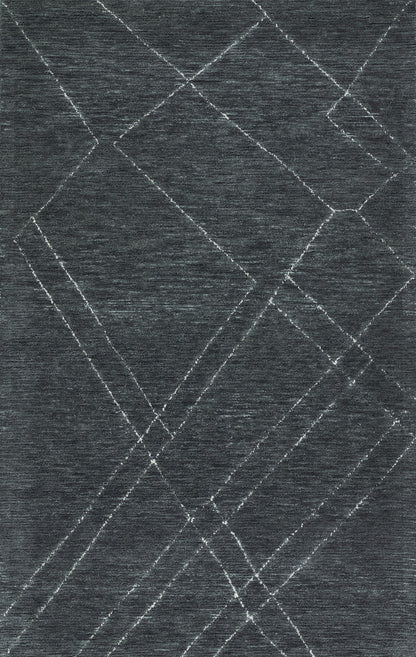 Dark blue area rug with a geometric pattern of white intersecting diamonds for a modern abstract look.