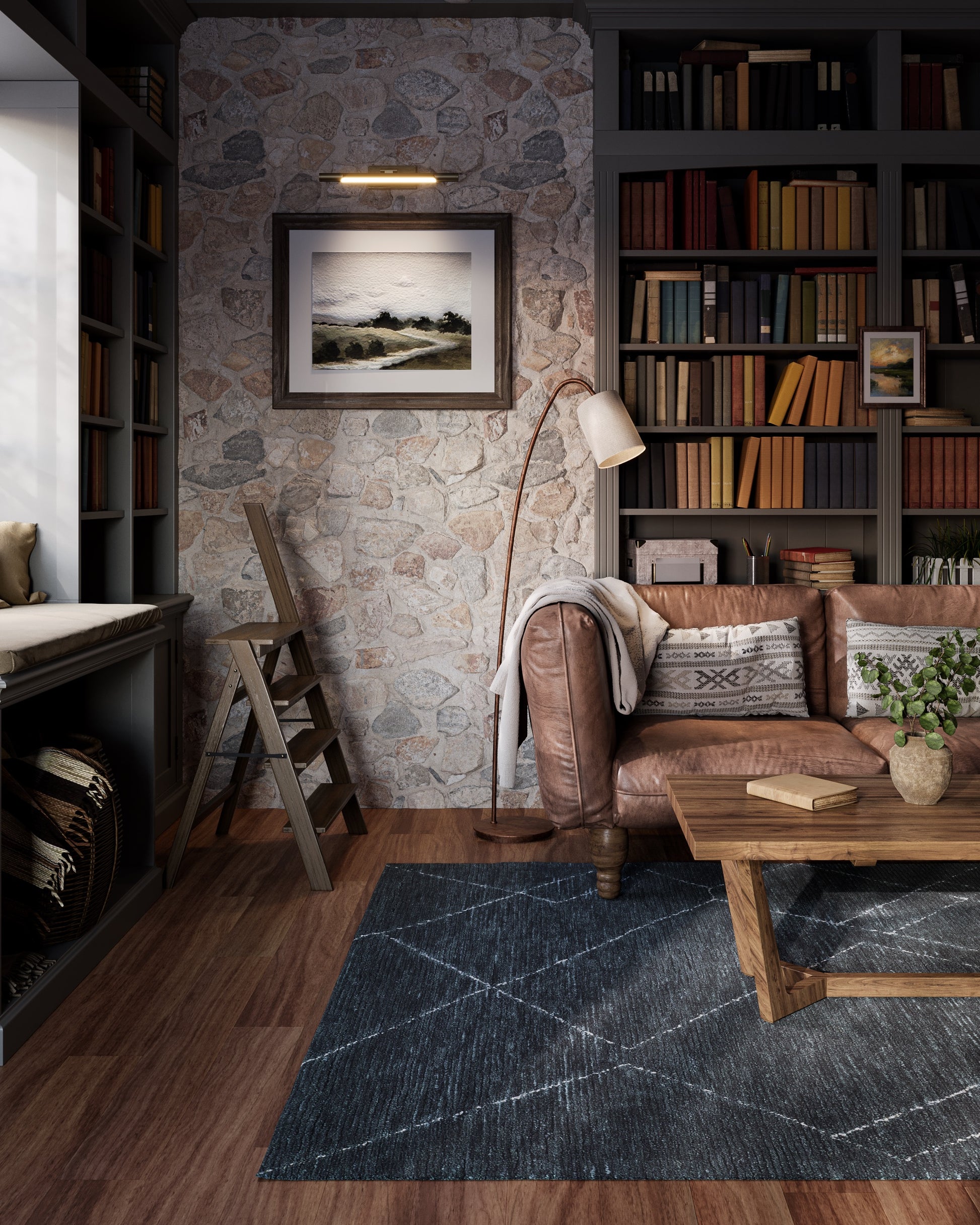 Cozy living room with a stone accent wall, built-in dark bookcases, brown leather sofa, wooden coffee table, floor lamp, and a navy 2'3" x 8' runner rug.