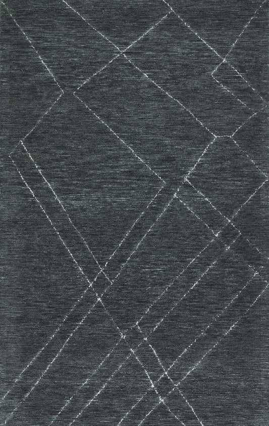 Dark blue-gray rug with subtle light gray geometric diamond lattice pattern; modern contemporary style for living rooms.