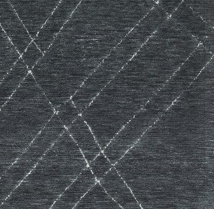 Dark blue-gray rug with a subtle woven texture and light gray diagonal plaid lines.