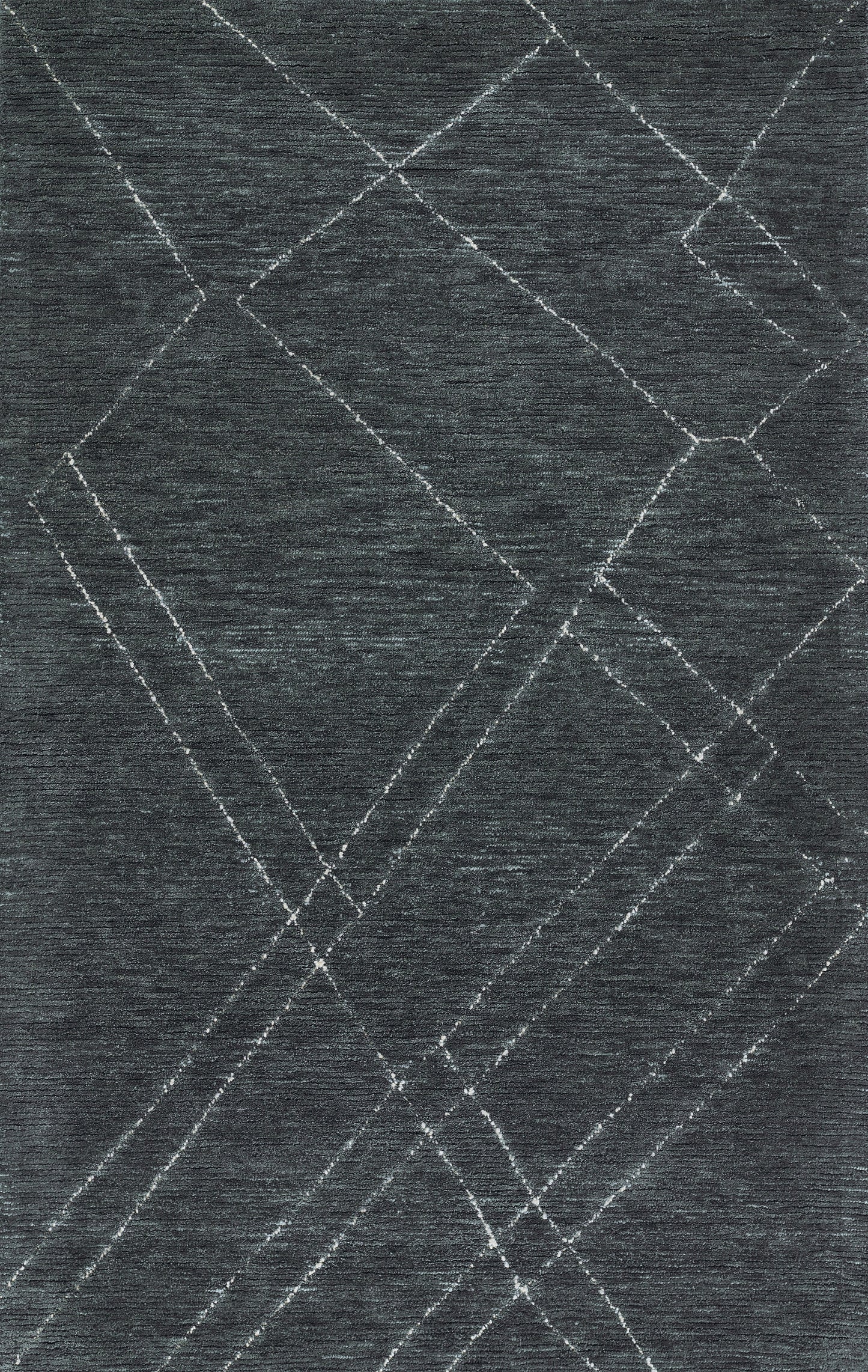 Dark blue-gray rug with white geometric diamond grid lines; modern flat-weave style for contemporary spaces.