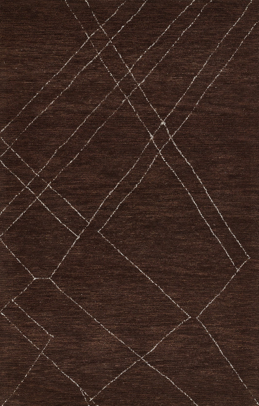 Brown area rug with white intersecting diamond lattice pattern, woven texture, modern geometric style.
