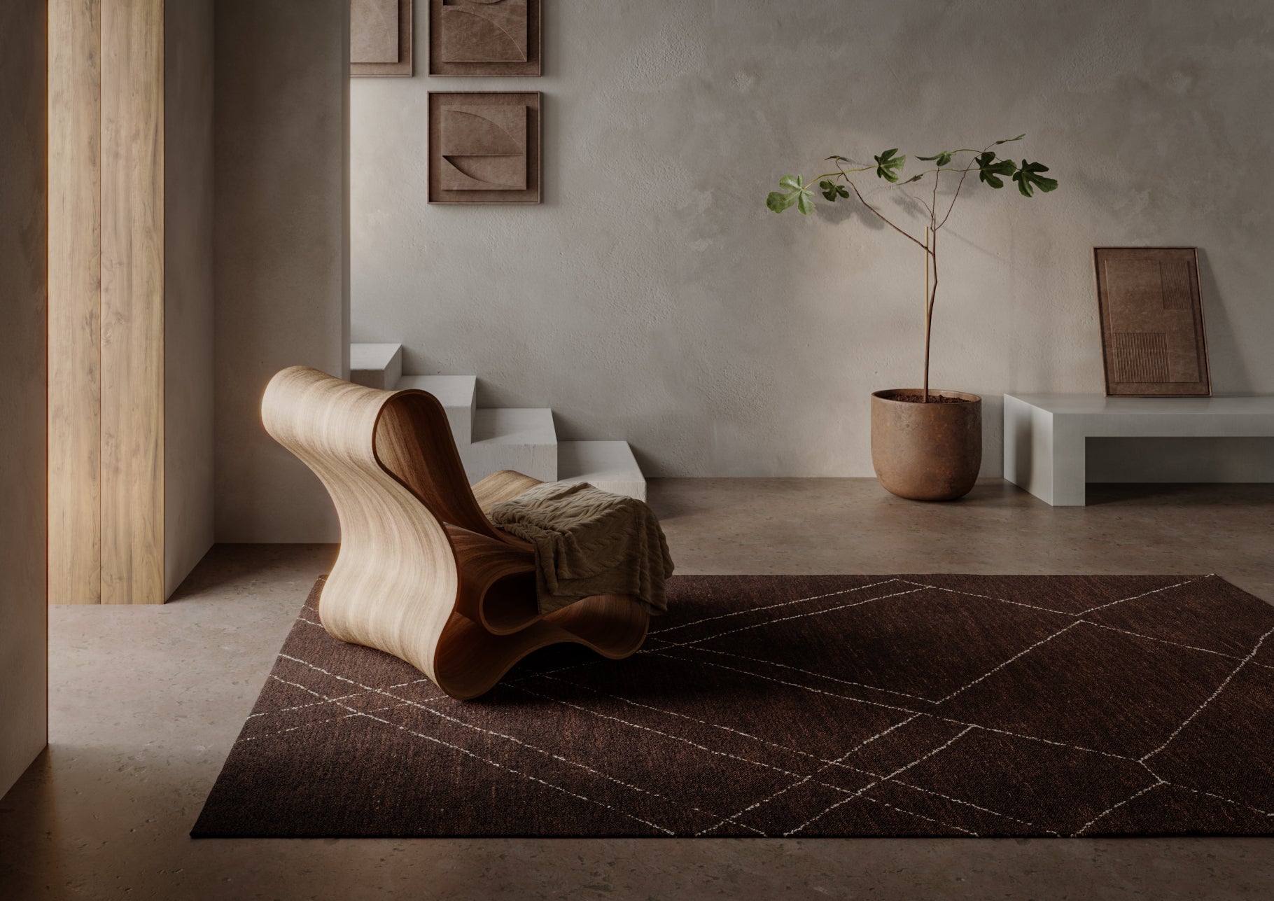 Dark brown rug with geometric lines in a minimalist grey-walled living room with a potted plant; rug measures 9' x 12'.
