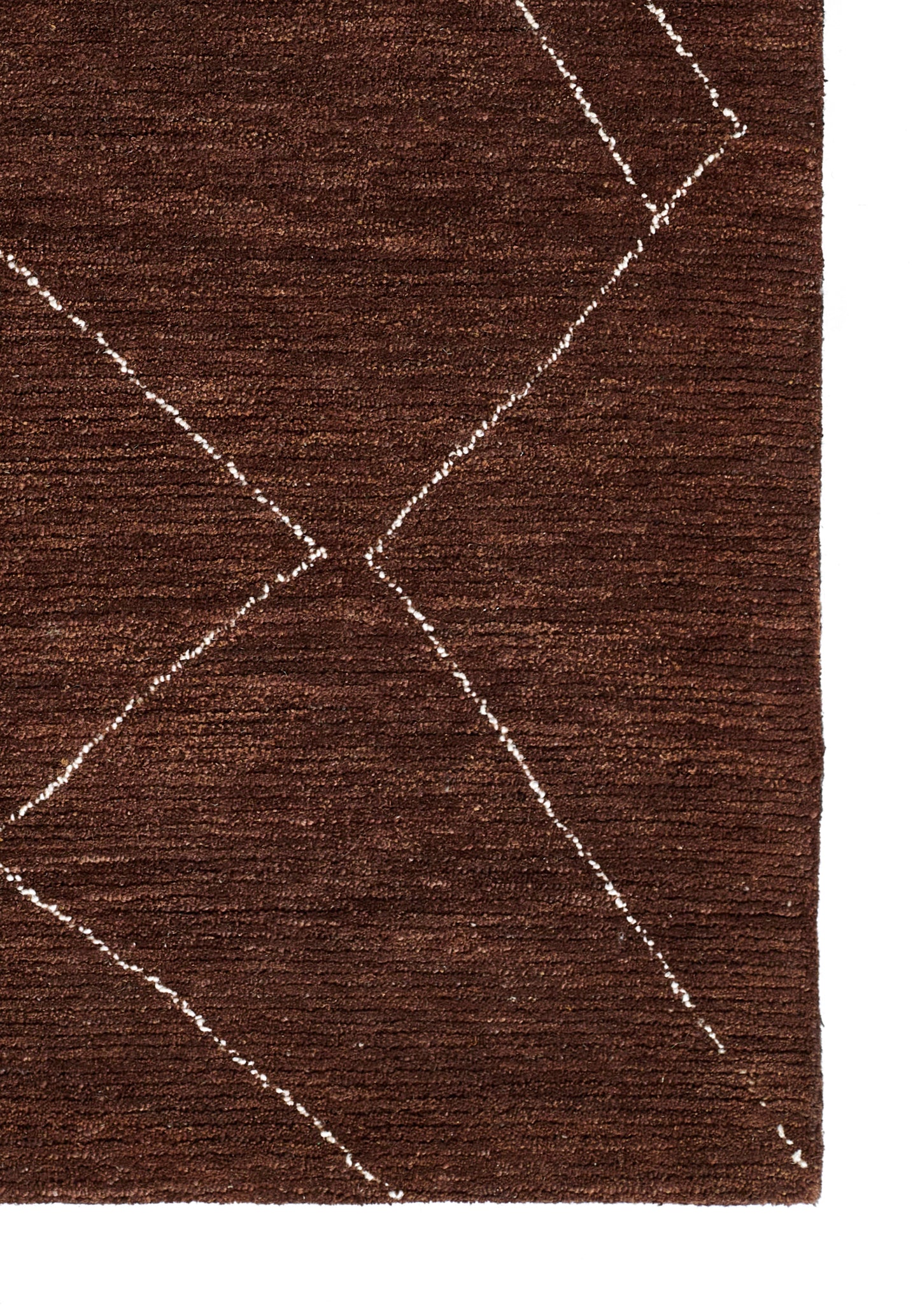 Brown woven area rug with white crisscross diagonal lines creating a diamond pattern; contemporary flat-weave.