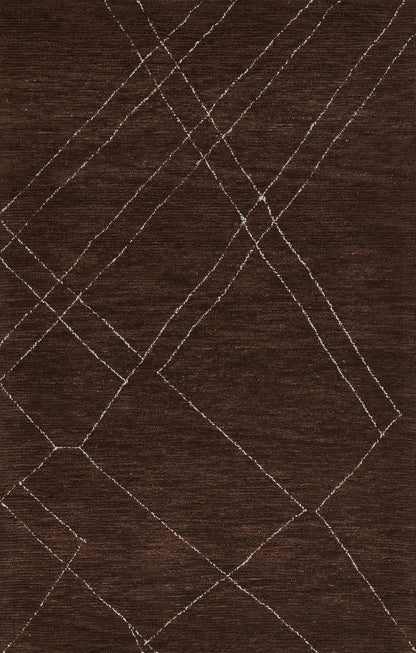 Dark brown rug with off-white crisscross diamond lattice lines and woven texture.