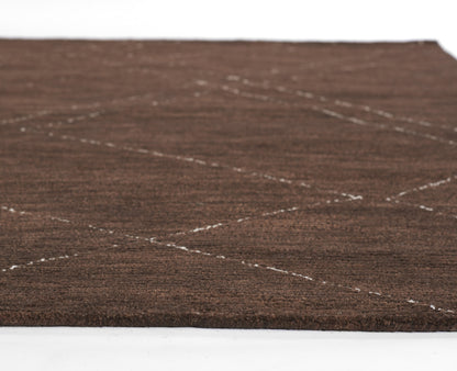 Brown textured area rug with white stitched diagonal diamond pattern, low-pile and soft underfoot.