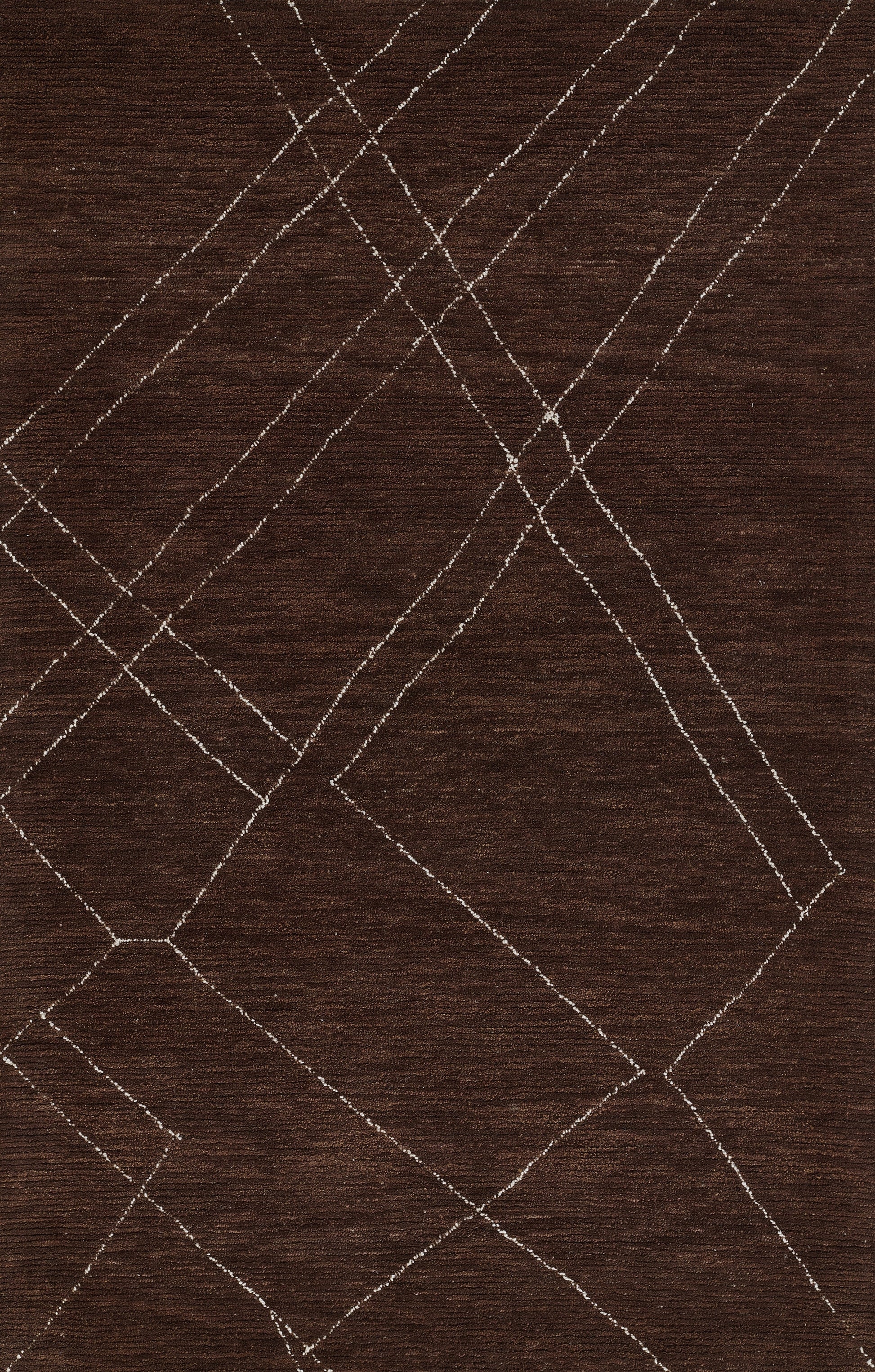 Brown rug with white intersecting lines forming diamond shapes; modern geometric design.