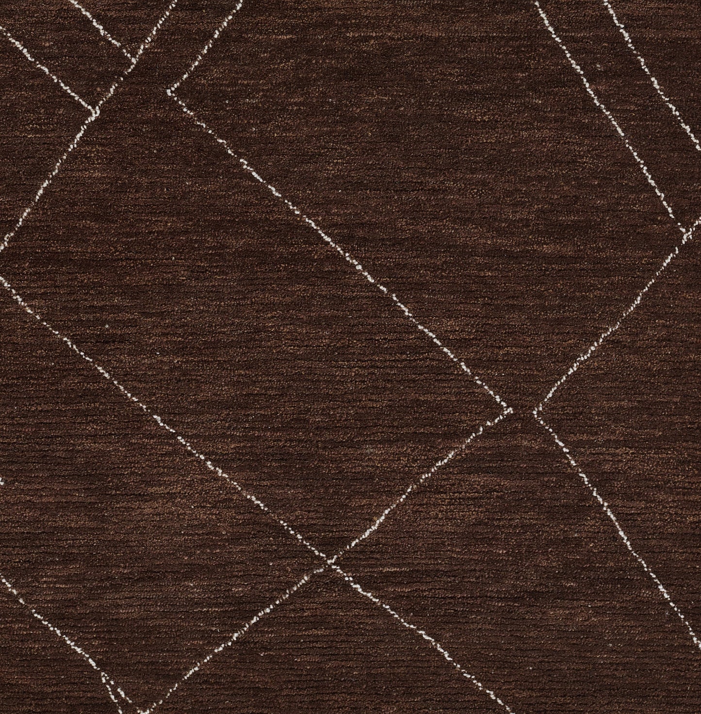 Dark brown textured rug with white stitched diamond grid, contemporary geometric pattern.