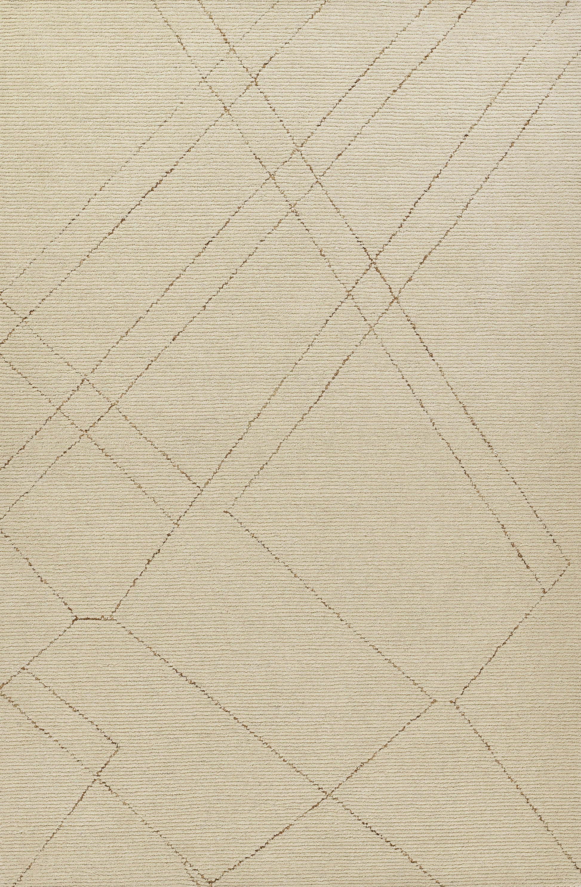 Beige area rug with thin taupe lines forming intersecting diamonds and a subtle geometric lattice.