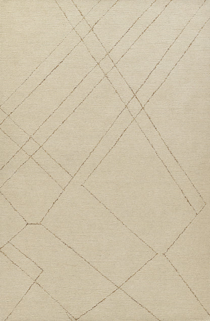 Beige area rug with thin taupe lines forming intersecting diamonds and a subtle geometric lattice.