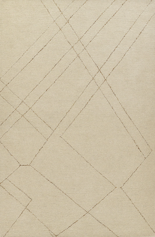 Beige area rug with thin taupe lines forming intersecting diamonds and a subtle geometric lattice.