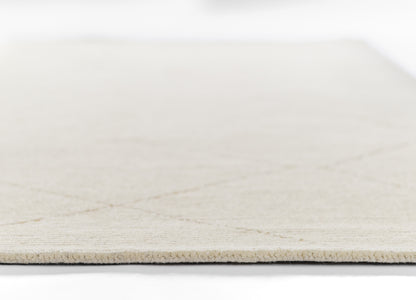 Beige ivory flat-weave rug, close-up edge with visible fibers and soft texture.