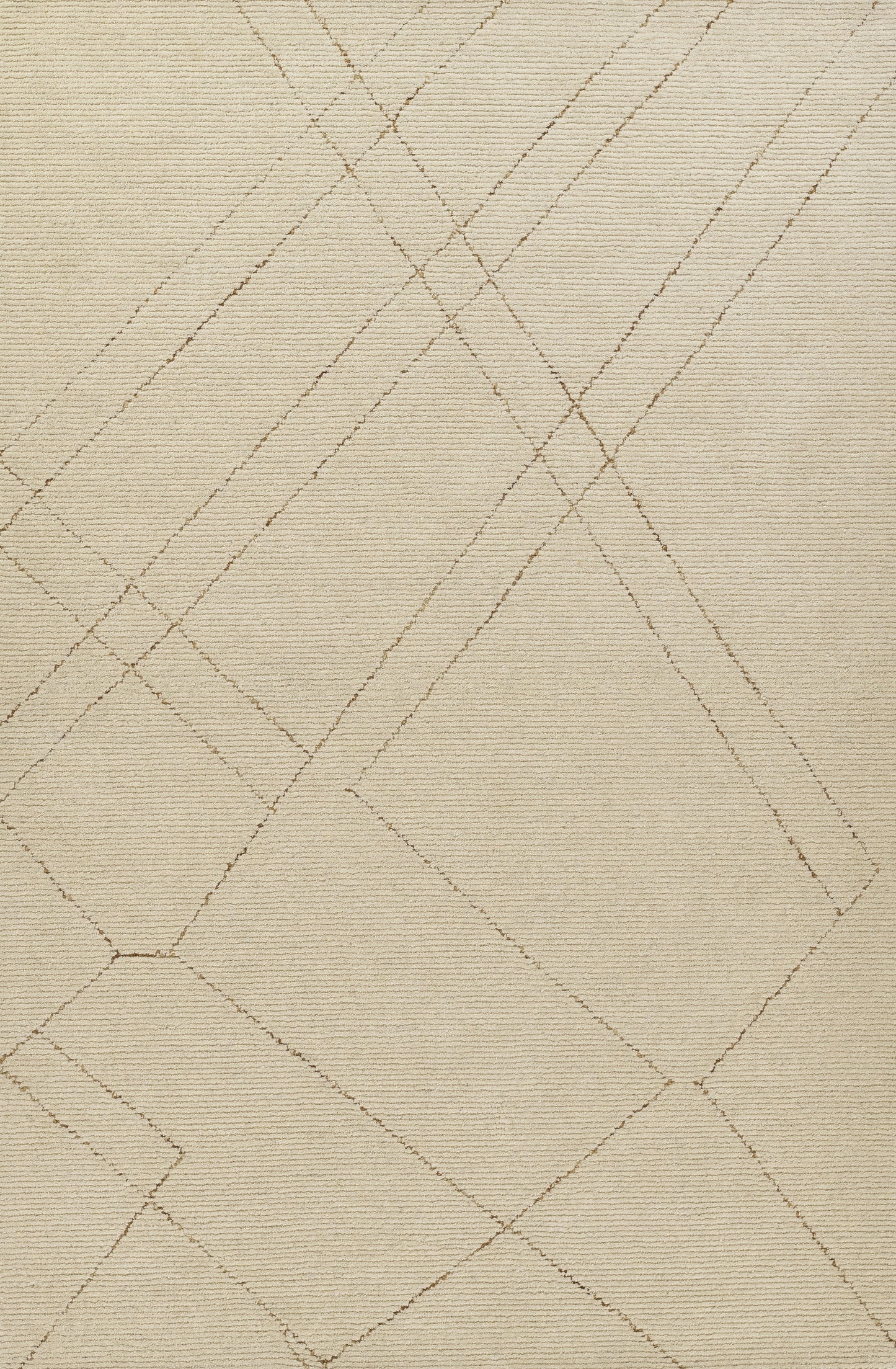 Beige textured rug with thin tan geometric lines forming intersecting diamonds across the surface.