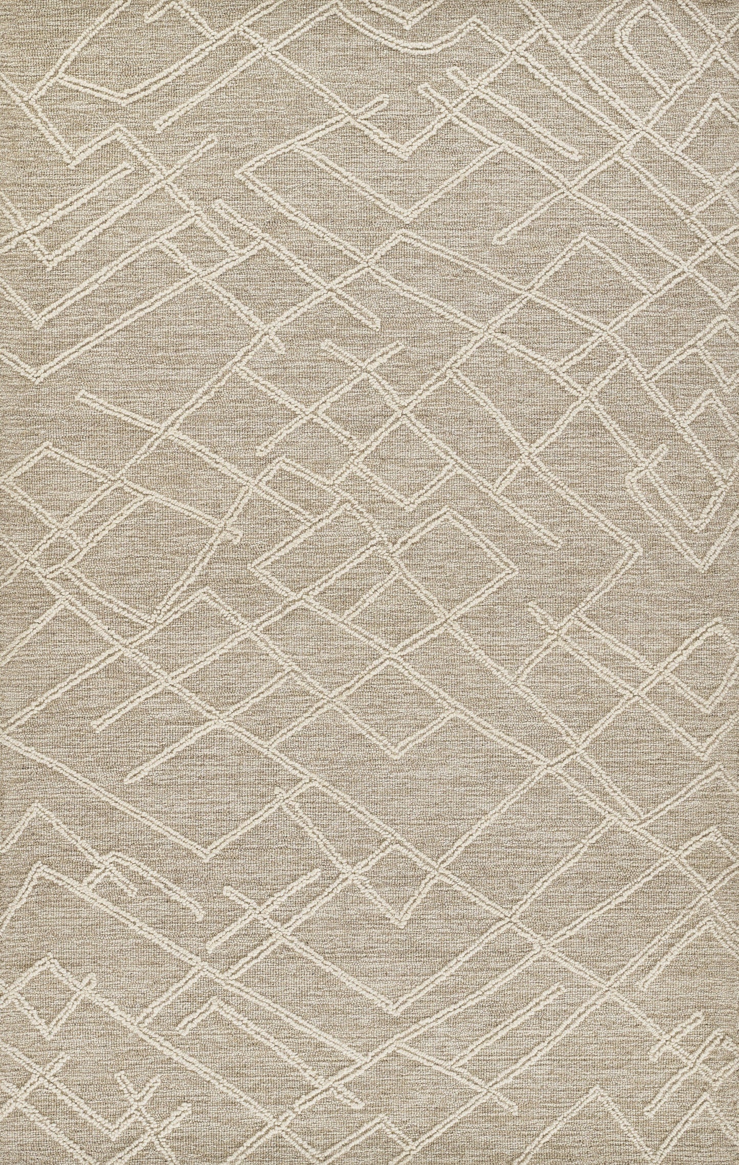 Natural beige area rug with white geometric lattice pattern; soft woven texture, modern style for living spaces.