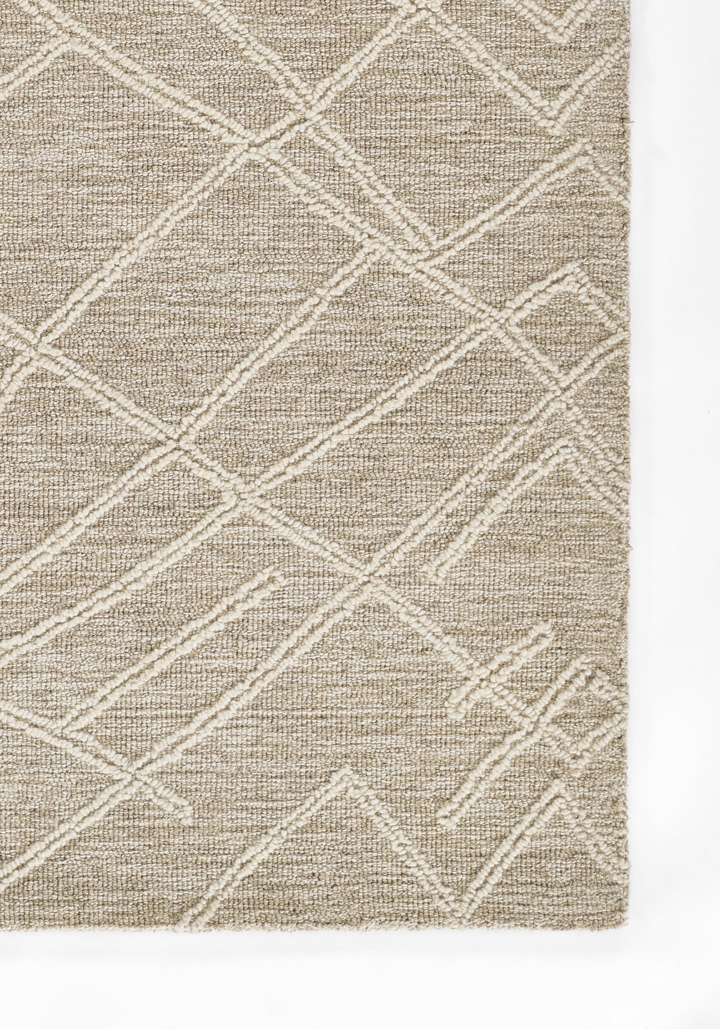 Rectangular beige natural fiber rug with white lattice diamond pattern; subtle textured weave, modern boho decor.