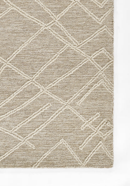 Rectangular beige natural fiber rug with white lattice diamond pattern; subtle textured weave, modern boho decor.