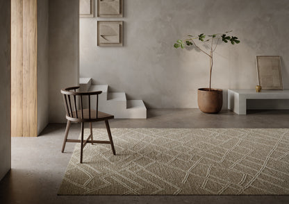 Minimalist living space with a dark wooden chair, beige geometric rug, potted plant, and gray plaster walls.