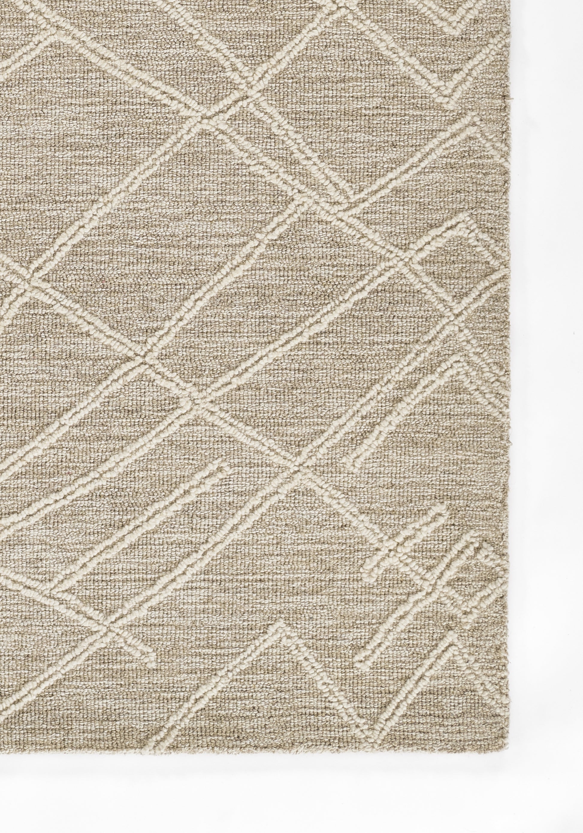 Natural beige rug with white diamond lattice pattern, woven texture, modern decor.
