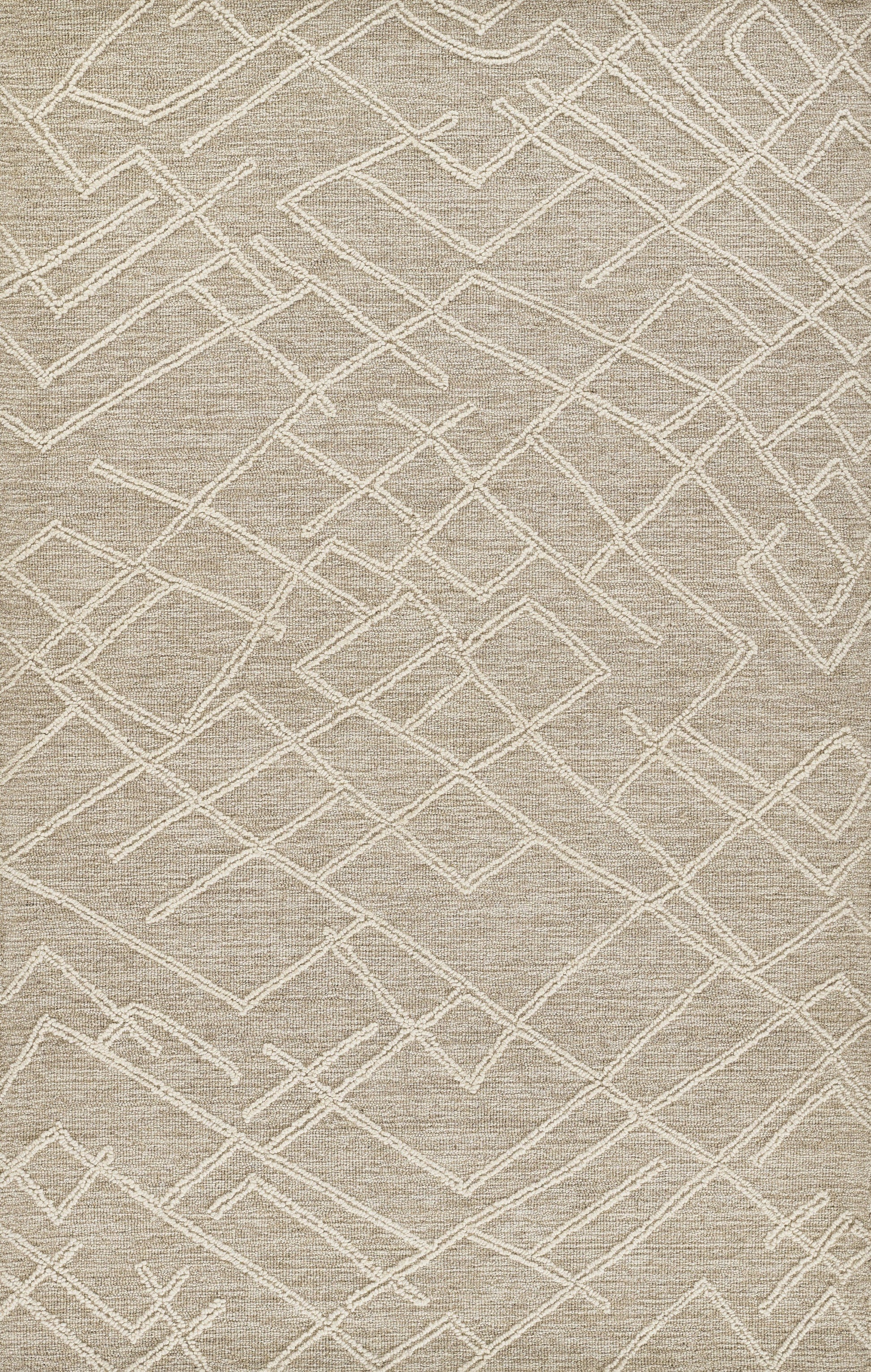 Natural beige rug with white geometric lattice pattern of interlocking diamonds & lines.