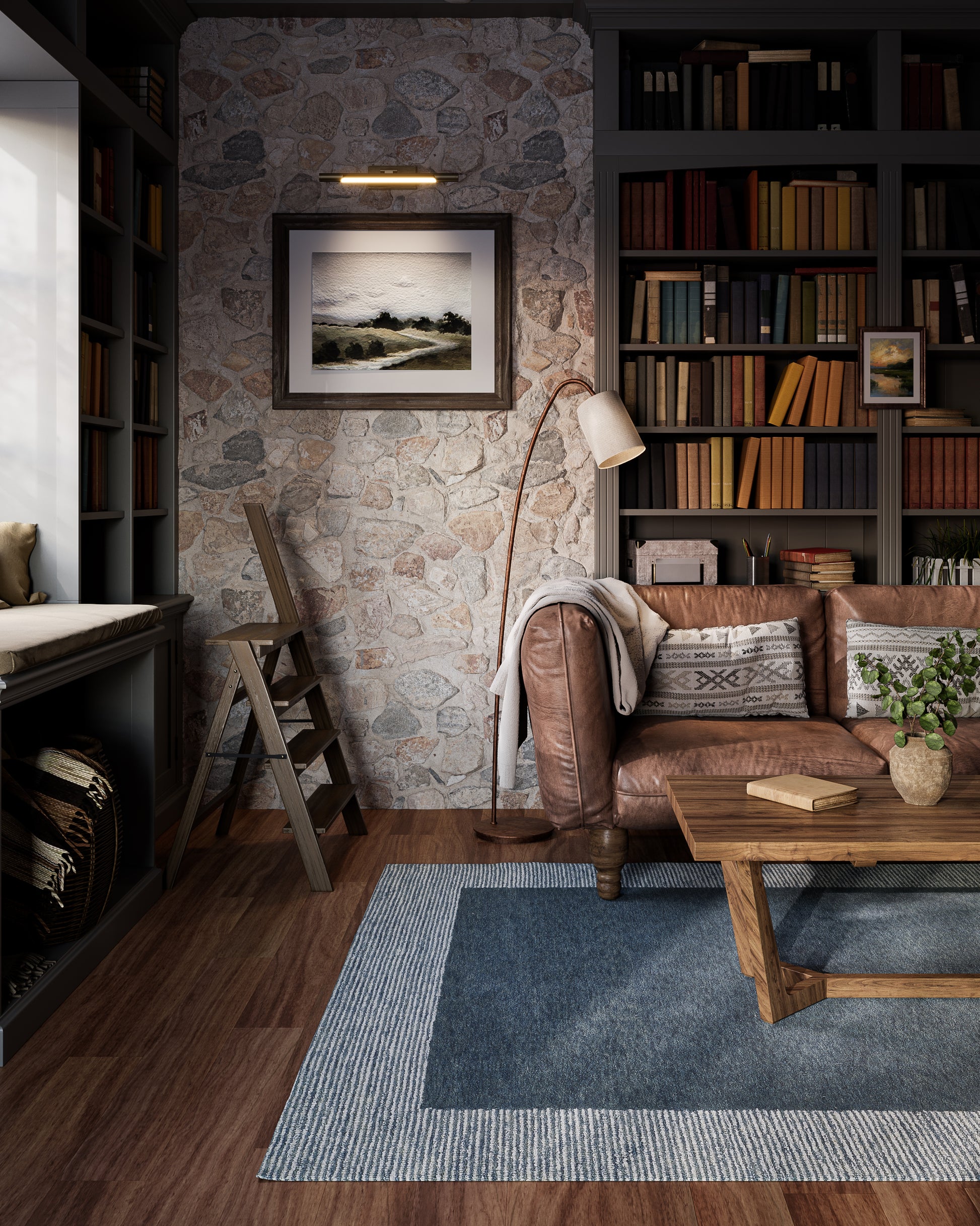 Cozy living room with stone wall, brown leather sofa, wooden coffee table, blue rug, floor lamp, & tall bookcase.