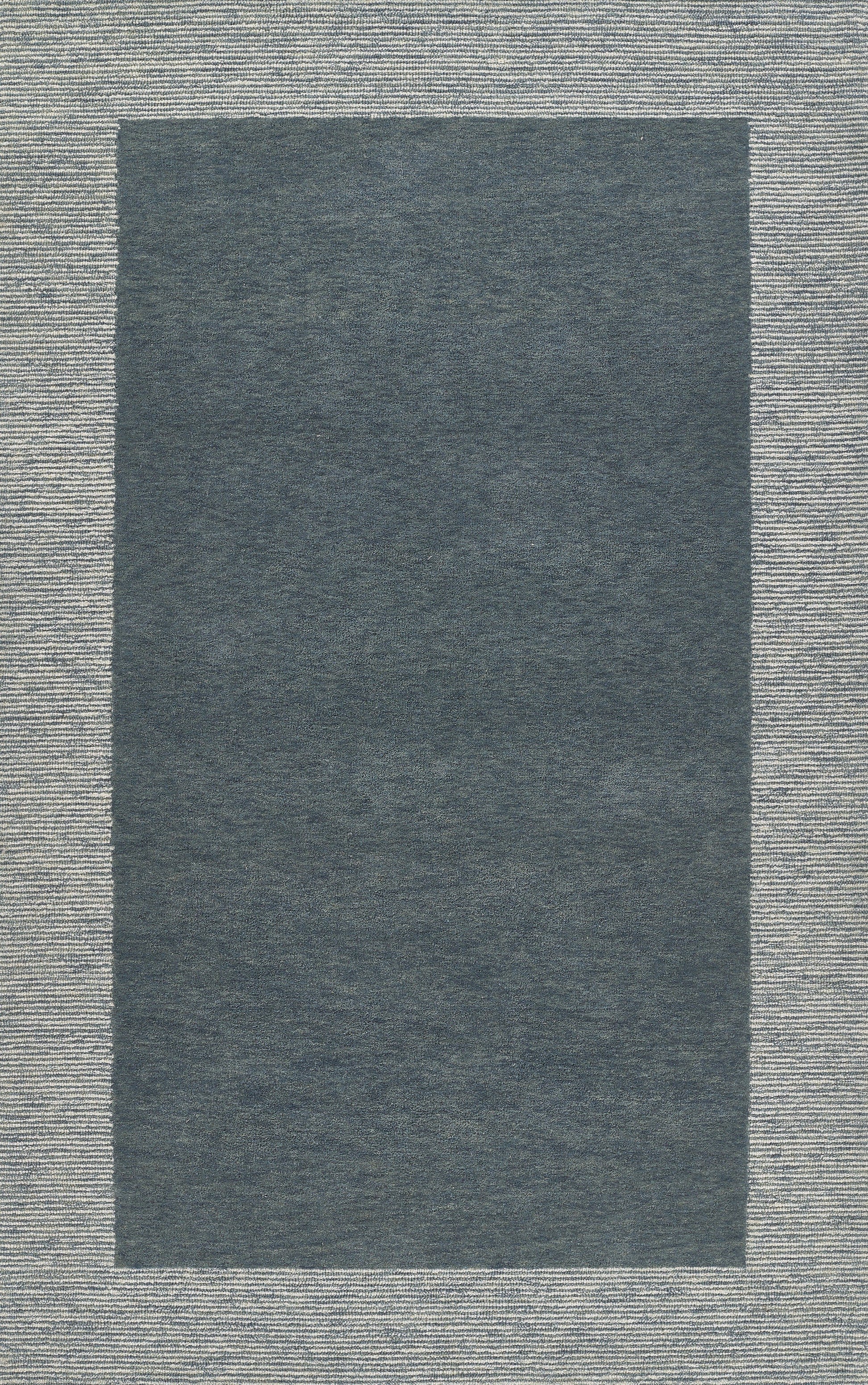Rectangular blue-gray rug with a dark central panel and light woven border; modern minimalist living room rug.