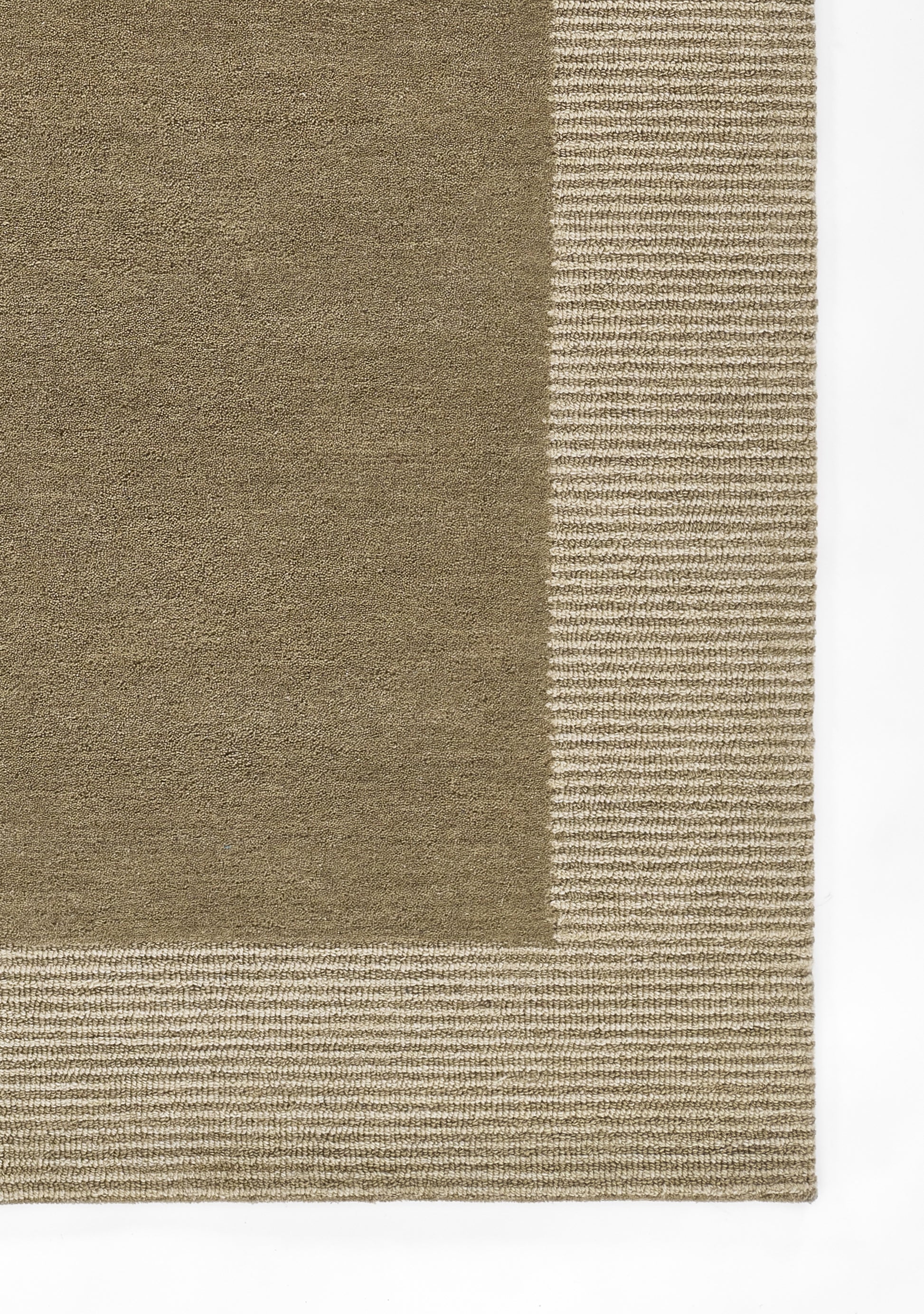 Rectangular taupe rug with solid center and beige striped border.