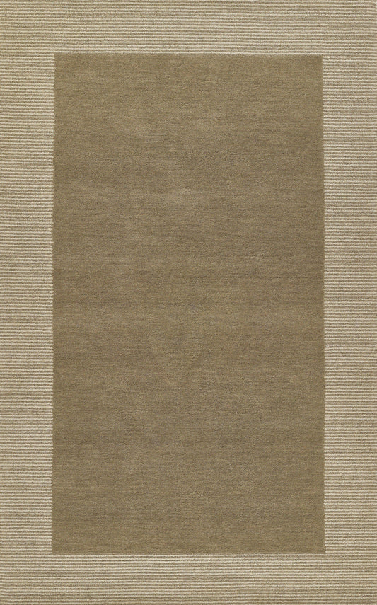 Taupe rug with a darker central rectangle and light striped border.