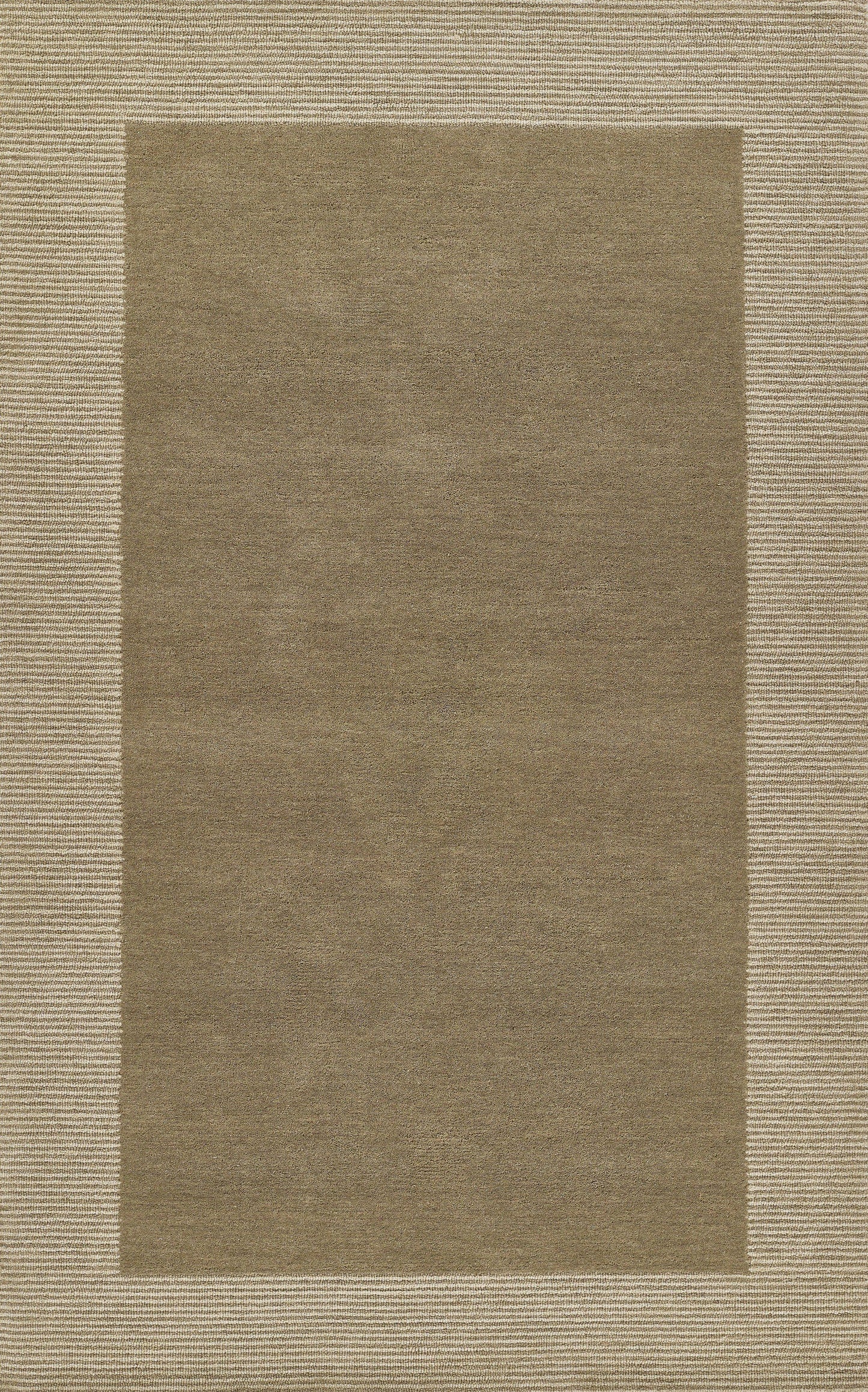 Beige area rug with a taupe central panel and a thin striped border.