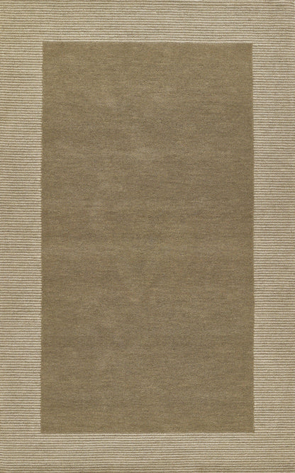 Taupe center rectangle rug with beige striped border; rectangular, woven, casual living-room decor.