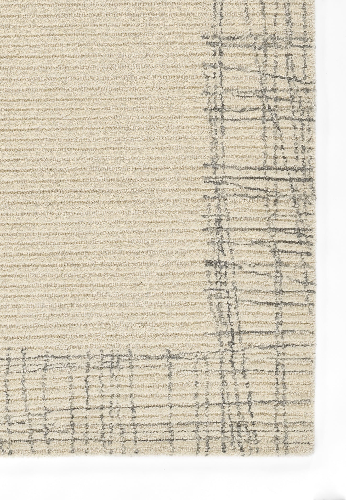 9' x 12' beige textured woven rug with a subtle gray plaid grid along the edges; rectangular, contemporary style.