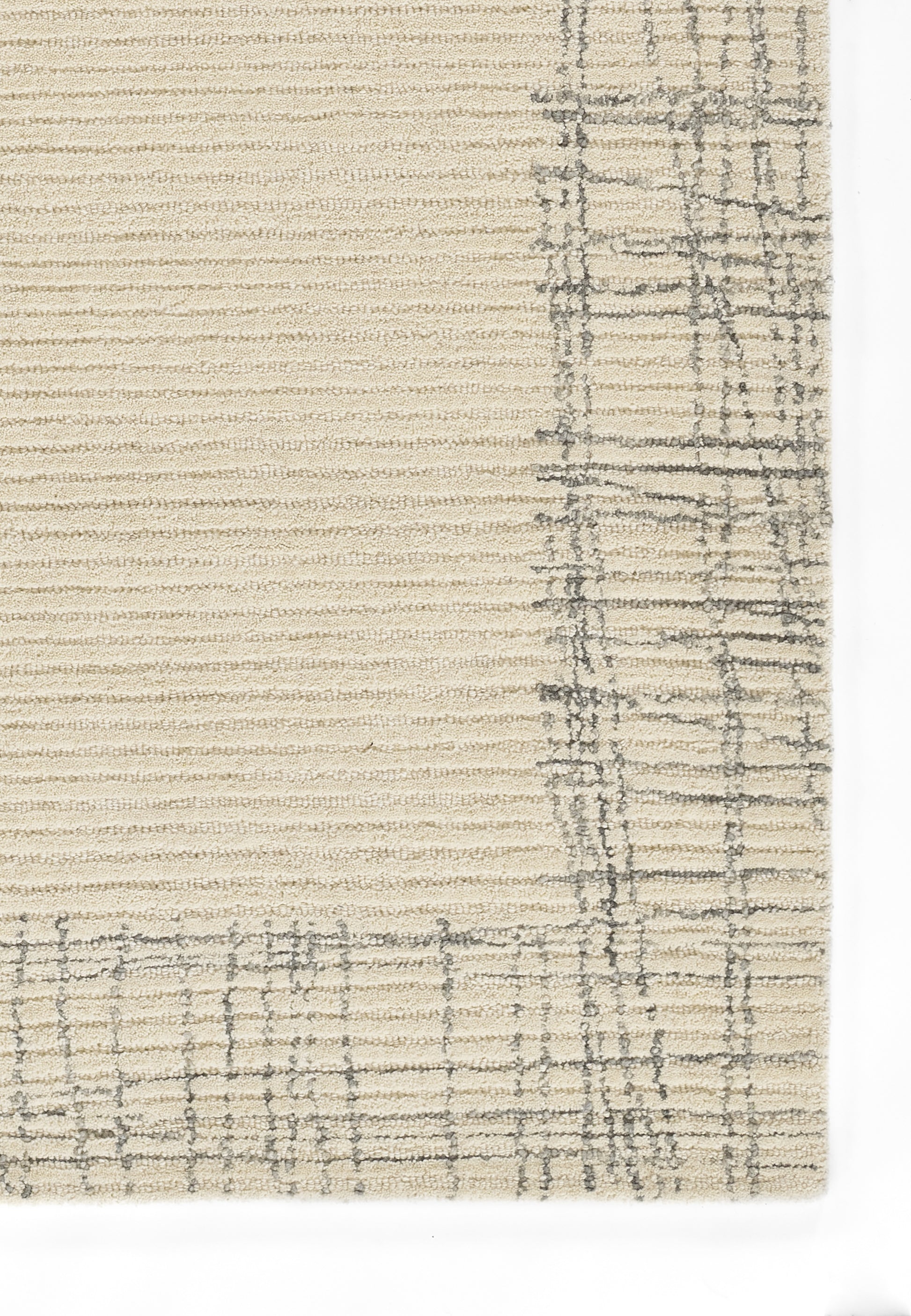 9' x 12' beige textured woven rug with a subtle gray plaid grid along the edges; rectangular, contemporary style.