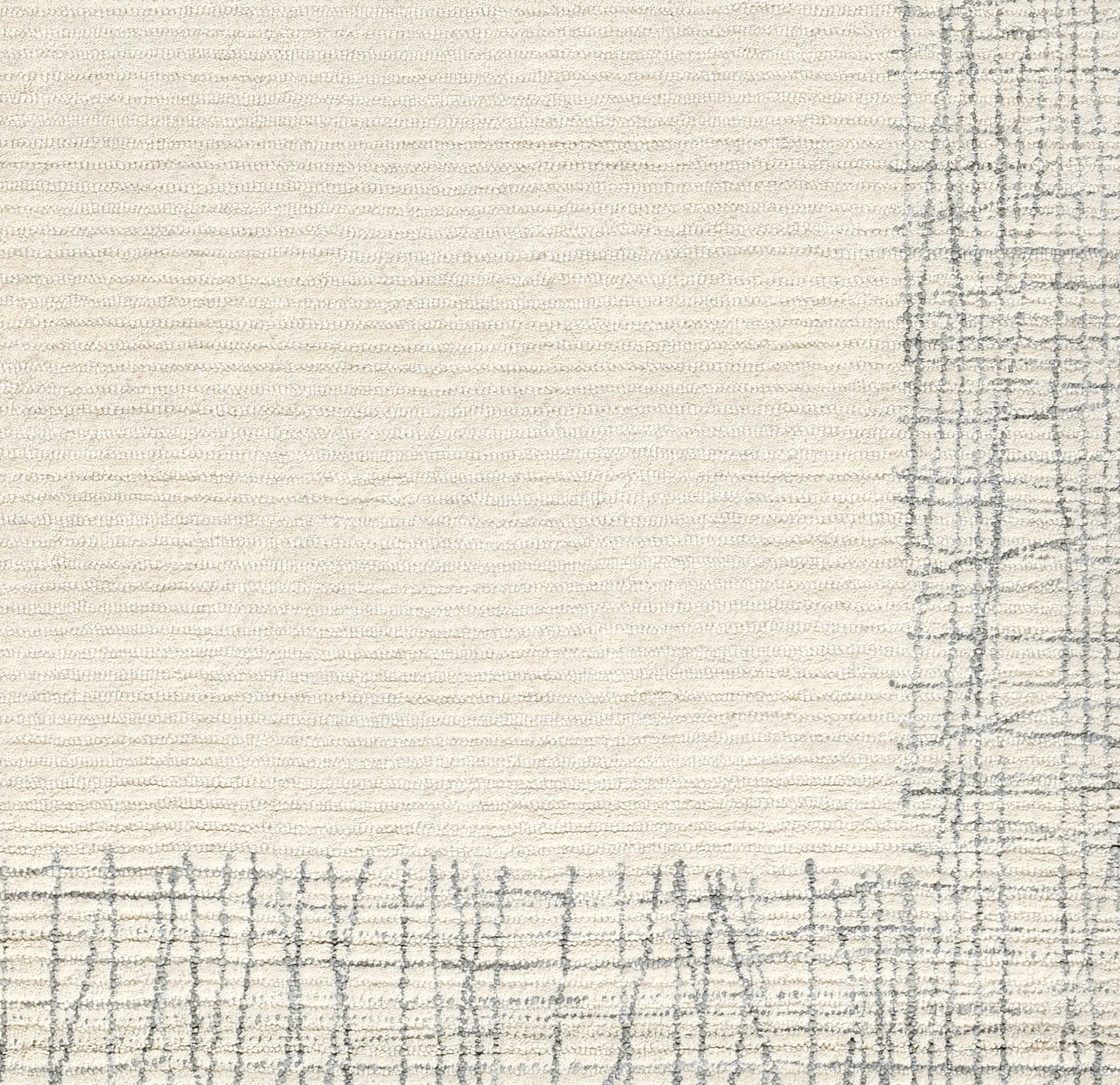 Cream textured rug with a gray plaid border along the bottom and right edges.