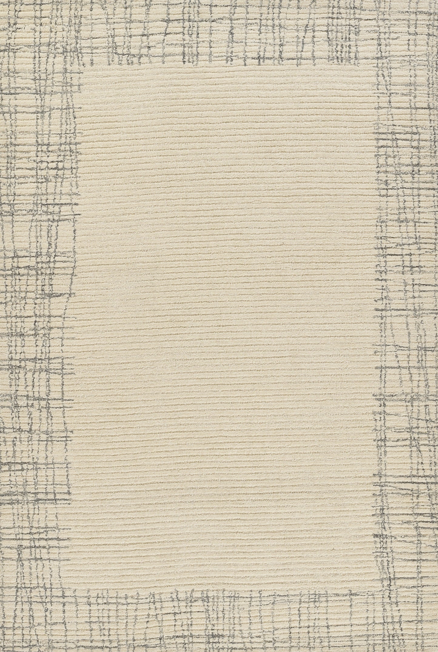 Beige central area rug with gray plaid border; soft textured woven look, modern neutral decor.