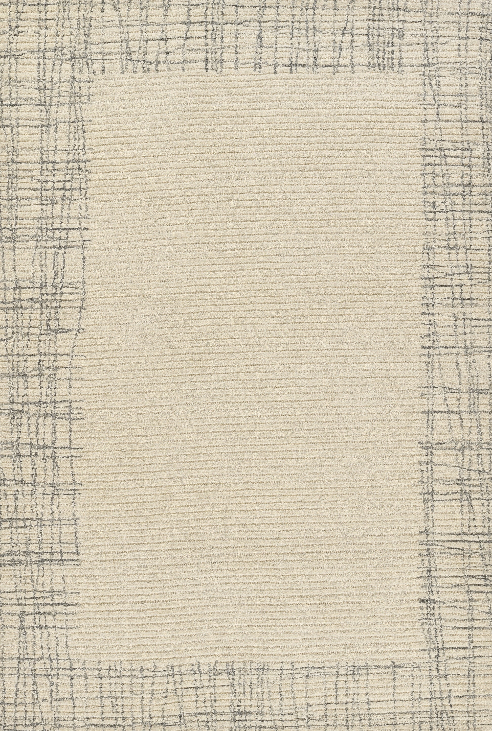 Beige central area rug with gray plaid border; soft textured woven look, modern neutral decor.