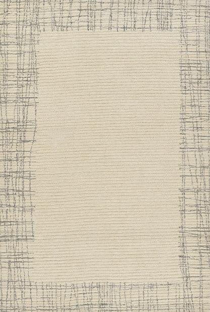 Beige central area rug with gray plaid border; soft textured woven look, modern neutral decor.
