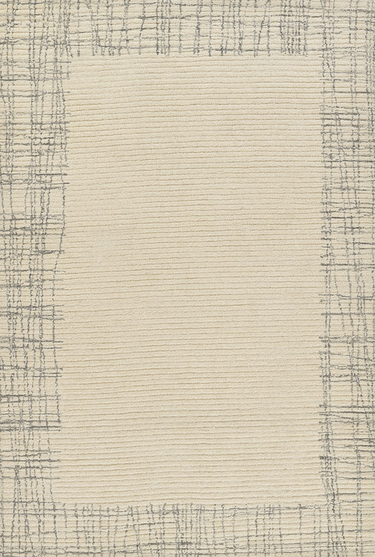 Beige central area rug with gray plaid border; soft textured woven look, modern neutral decor.