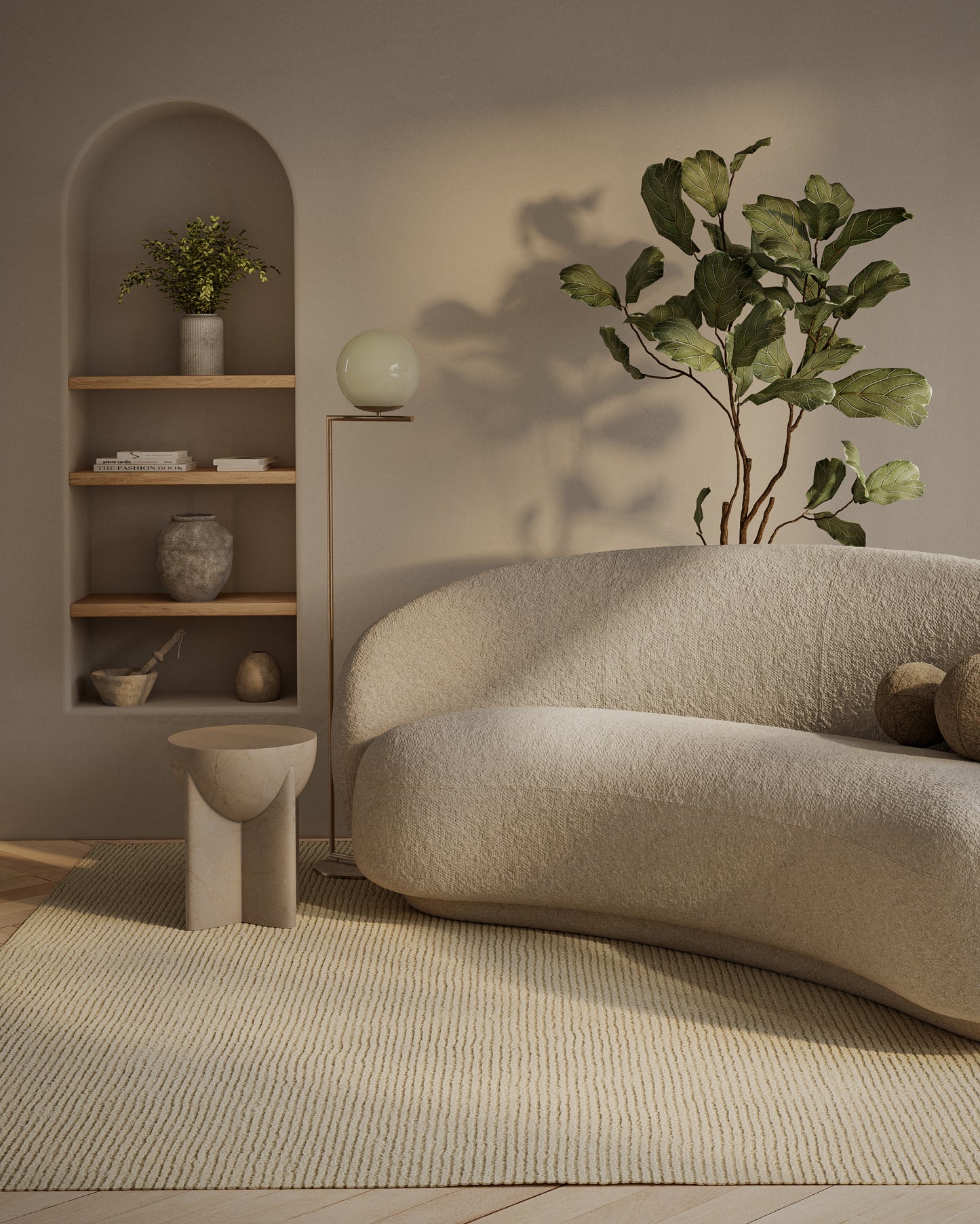 Ivory boucle area rug in a neutral living room with a built-in arched shelf and a tall leafy plant, 8' x 10'.