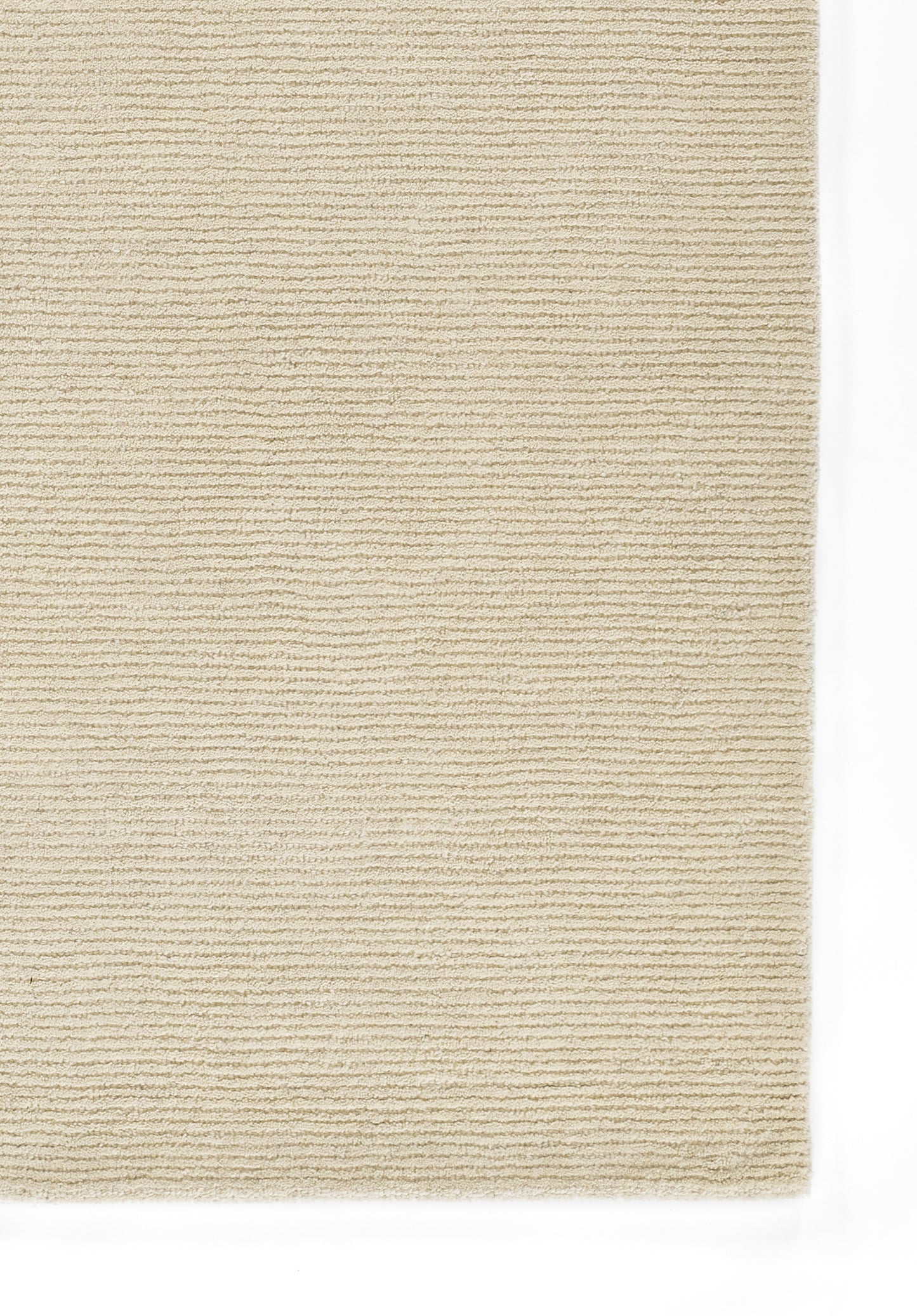 Beige textured rug with horizontal ribbing; loop pile, neutral cream color, versatile for living room or bedroom.
