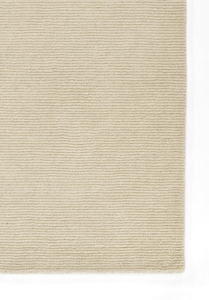 Beige textured rug with horizontal ribbing; loop pile, neutral cream color, versatile for living room or bedroom.