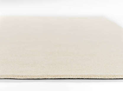 Beige rug edge close-up showing flat-weave texture and neutral flooring sample.