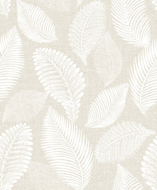 Seabrook Designs White Heron Tossed Leaves Botanical Contemporary Beige Matte Sidewall - EW10005