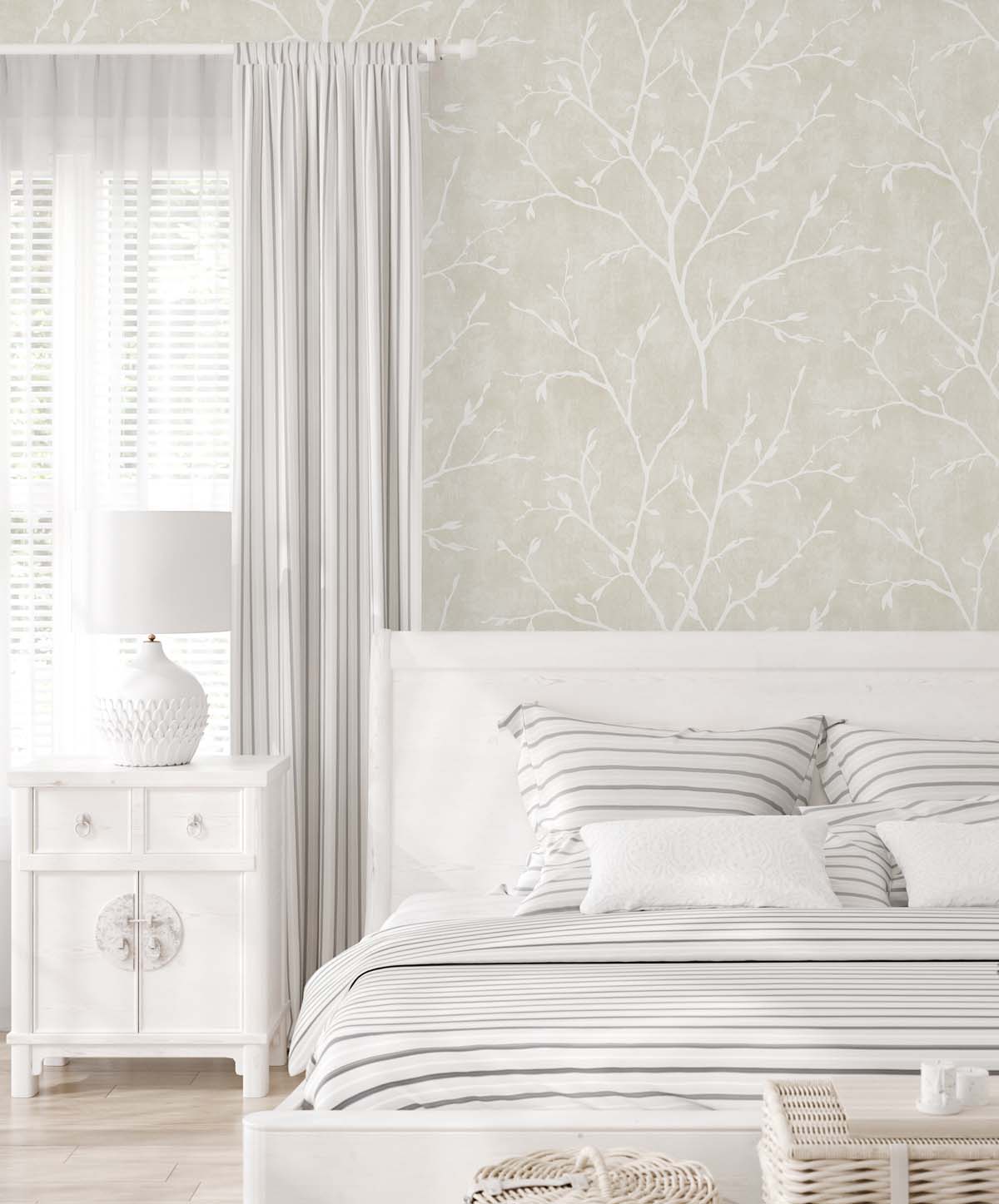 Seabrook Designs White Heron Avena Branches Botanical Contemporary Beige Satin  - EW10205