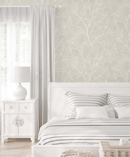 Seabrook Designs White Heron Avena Branches Botanical Contemporary Beige Satin  - EW10205