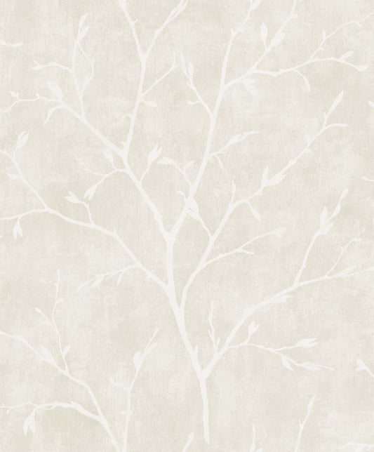 Seabrook Designs White Heron Avena Branches Botanical Contemporary Beige Satin Sidewall - EW10205