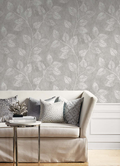 Seabrook Designs White Heron Branch Trail Silhouette Botanical Contemporary Grey Satin  - EW10808