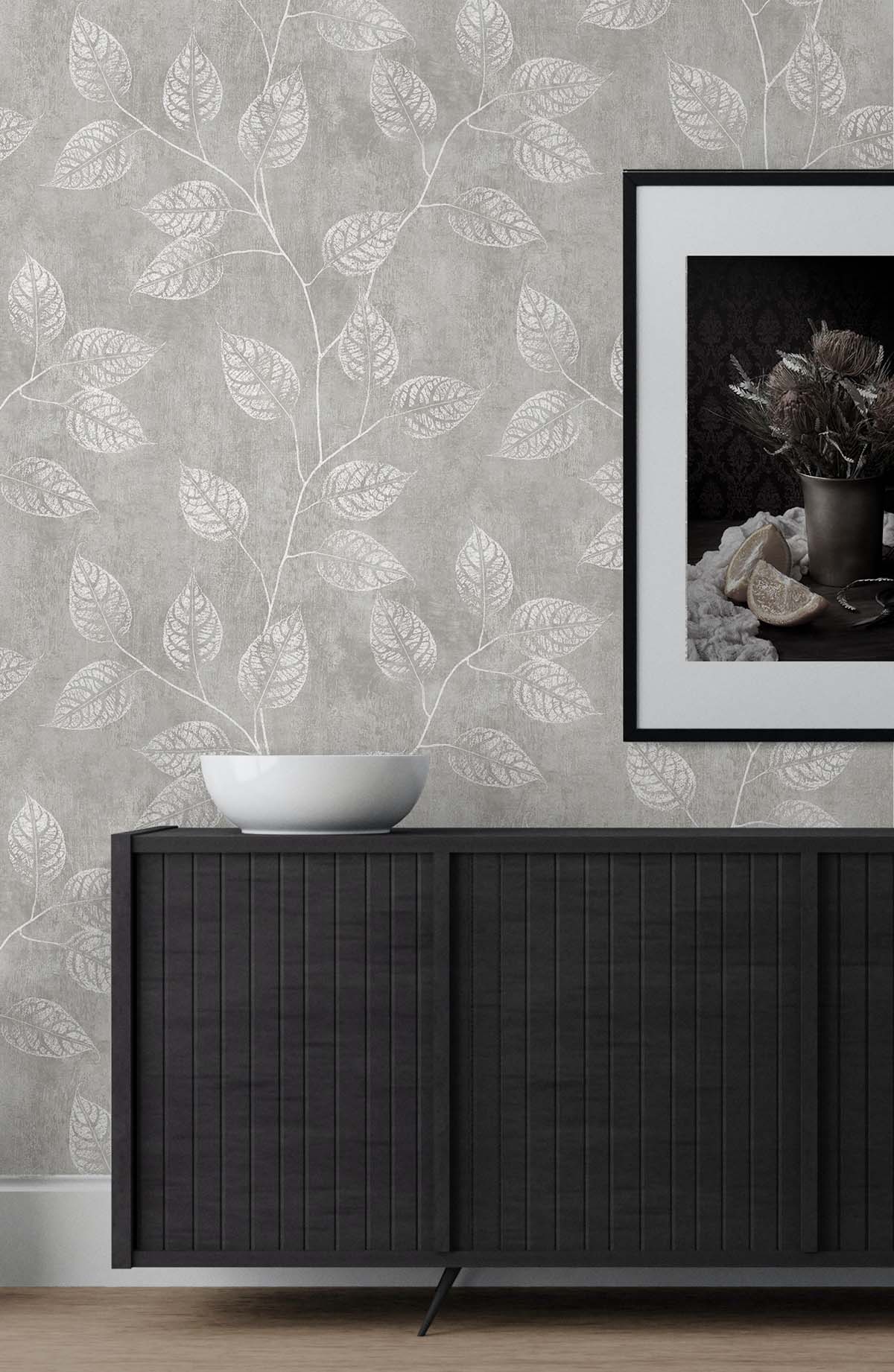 Seabrook Designs White Heron Branch Trail Silhouette Botanical Contemporary Grey Satin  - EW10808