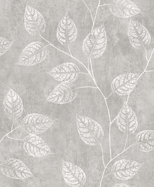 Seabrook Designs White Heron Branch Trail Silhouette Botanical Contemporary Grey Satin Sidewall - EW10808