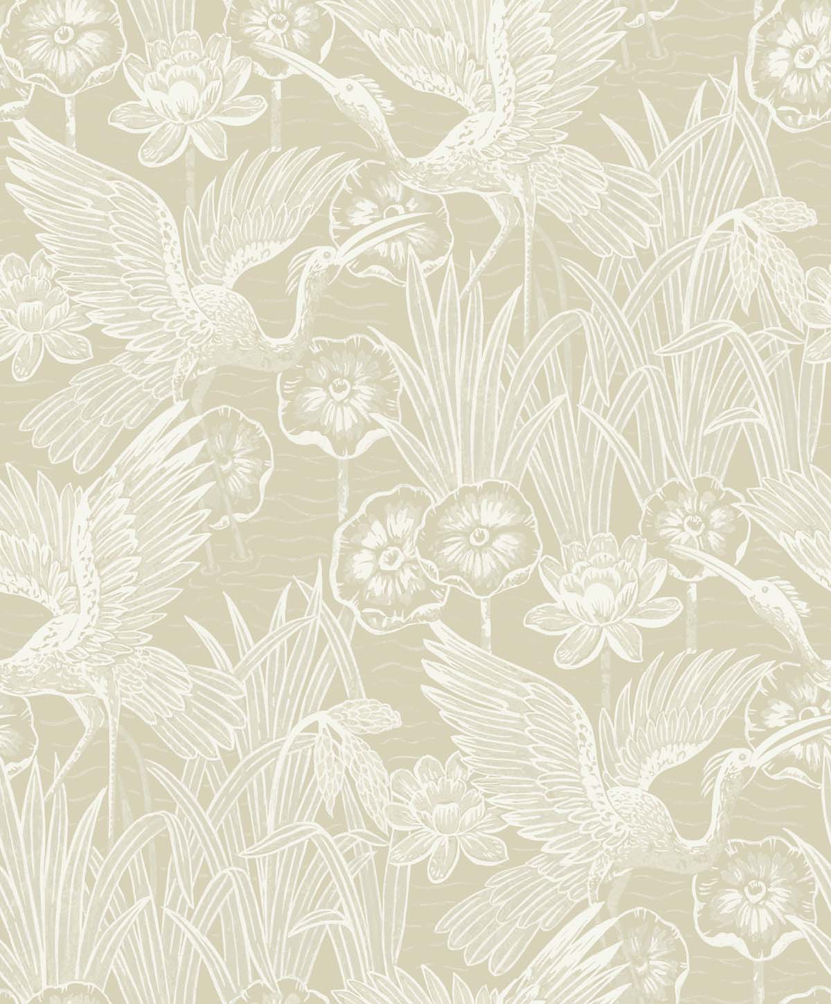 Seabrook Designs White Heron Marsh Cranes Animal Print Contemporary Beige Metallic Sidewall - EW11005