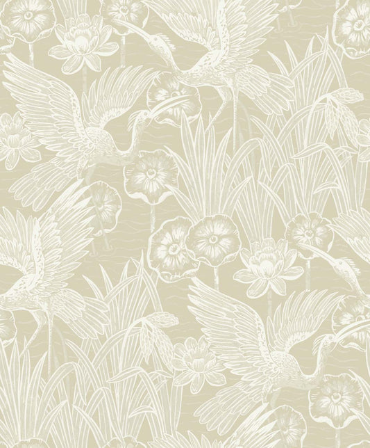 Seabrook Designs White Heron Marsh Cranes Animal Print Contemporary Beige Metallic Sidewall - EW11005