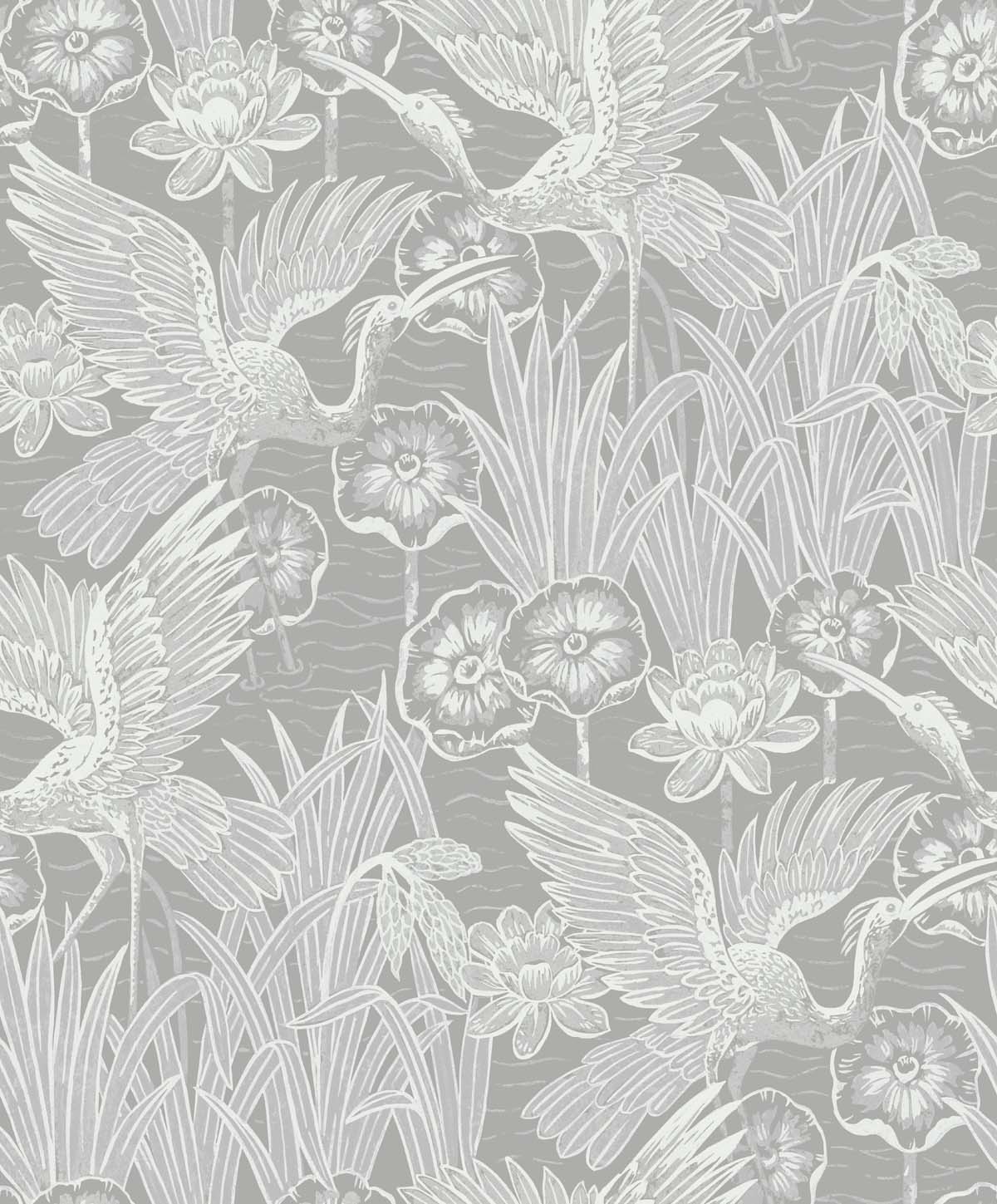 Seabrook Designs White Heron Marsh Cranes Animal Print Contemporary Grey Metallic Sidewall - EW11008